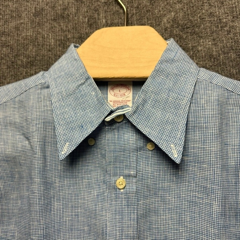 Brooks Brothers Mens L Irish Linen Blue Micro Houndstooth Button Down Shirt - Picture 7 of 12